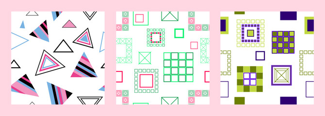 Seamless pattern of geometric shapes. Bright seamless pattern. Set of 3 patterns. Design for fabric, wallpaper, wrapping paper. Vector