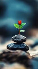 A small red flower blooms atop balanced stones in a serene natural setting, symbolizing resilience and beauty amidst nature's challenges