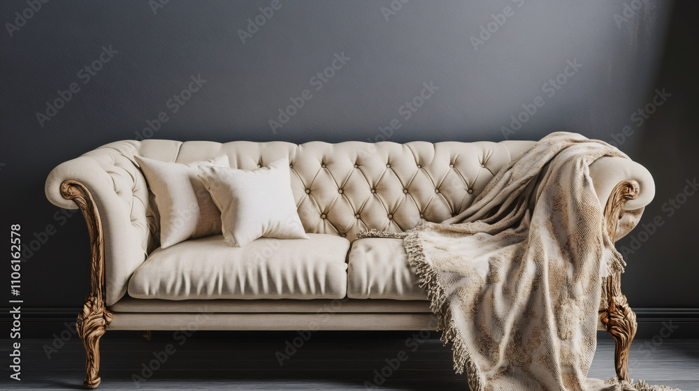 Poster elegant touch: classic chesterfield sofa with a throw enhancing a modern interior design setting