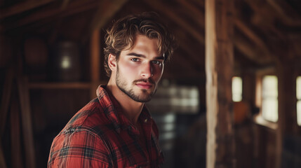Portrait photo of a candid muscular young handsome man with wavy hair and a short beard, wearing flannel shirt, standing in a barn and looking at the camera. romantic book character