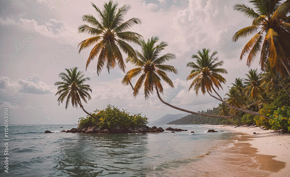 Poster palm tree is standing on a small rock in the ocean, near the shore. the tree is surrounded by water,