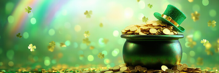 
traditional st patrick day cauldron full of golden coins, rainbow behind, green beer, leprechaun hat , blurred confetti flying around, isolated on a green background


