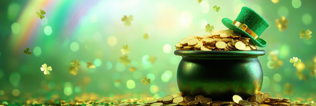 traditional st patrick day cauldron full of golden coins, rainbow behind, green beer, leprechaun hat , blurred confetti flying around, isolated on a green background
