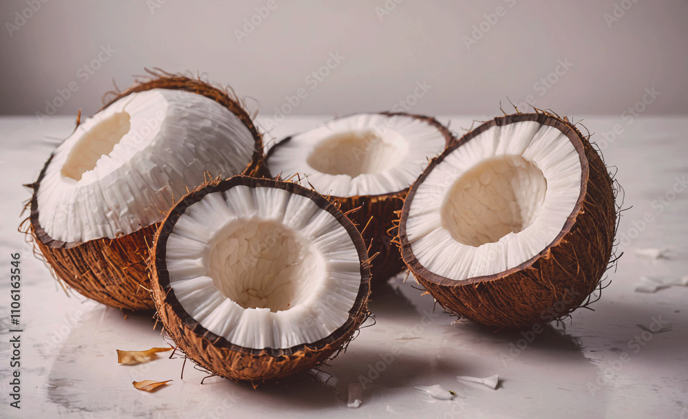Poster Four whole coconuts with one cut open. The cut open coconut is in the middle. The other three coconuts are whole