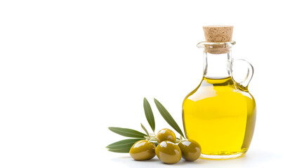 Olive branch and bottle of olive oil isolated on a white background	