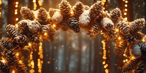 Snow-dusted pinecone garland draped across a festive archway, warmly lit with golden holiday lights