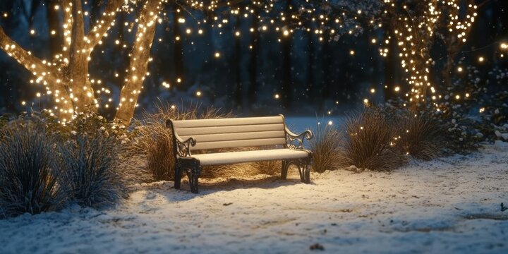 Snowy park illuminated with fairy lights, a serene bench surrounded by sparkling frost