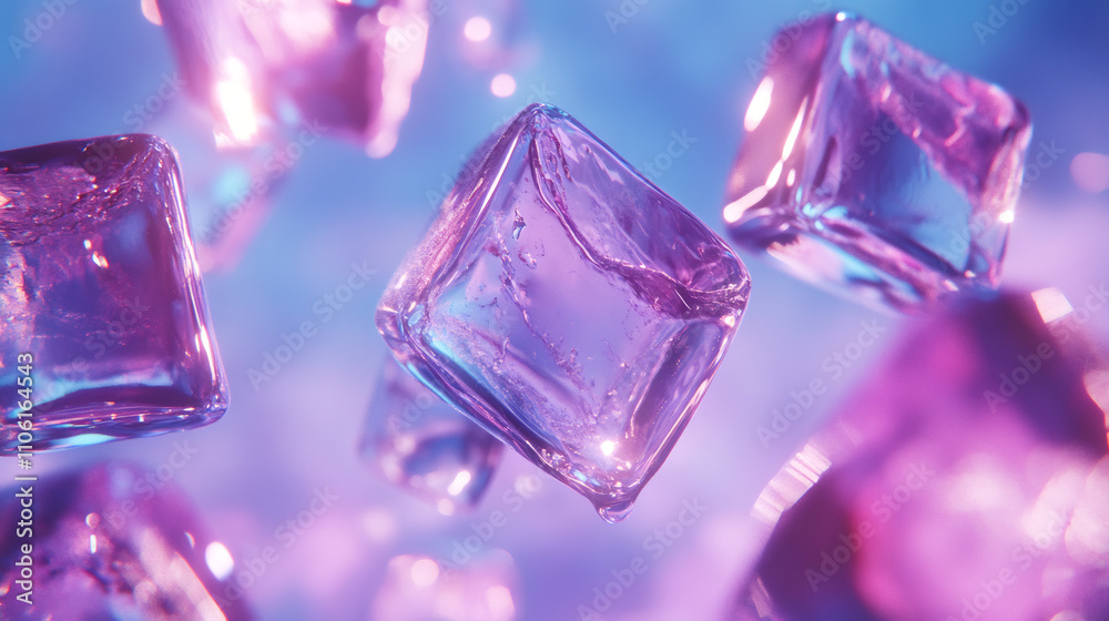 Aufkleber vibrant and refreshing abstract background of ice cubes floating in neon purple and blue light