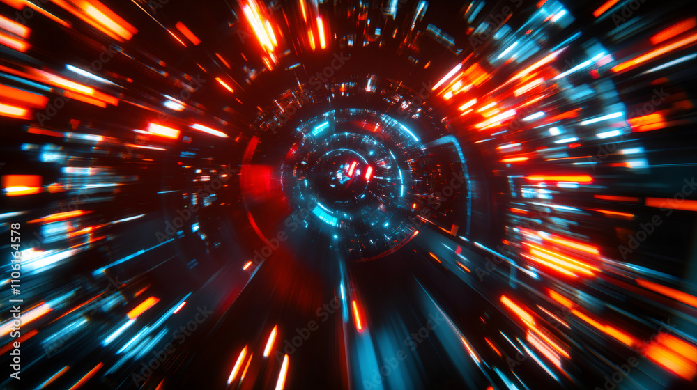 Poster Embark on an exhilarating space journey through a dynamic wormhole. Enveloped by vibrant streaks of red and blue light