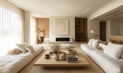 Fototapeta premium Scandinavian style home interior design of modern living room. Minimalist room with white furniture, fireplace, wooden accents and decorative branches in ceramic vase. 