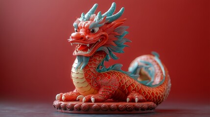 Vibrant dragon sculpture with intricate details and bold colors