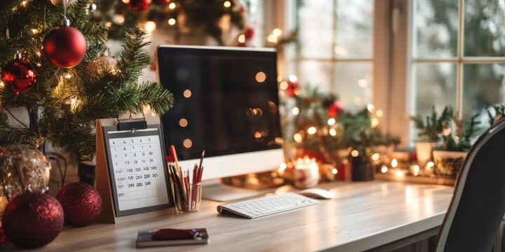 Stylish desk setup with a festive calendar and elegant holiday decor
