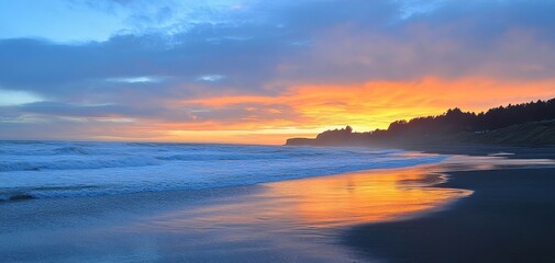 Naklejka premium Serene Sunset Over Coastal Beach with Vibrant Colors Reflecting on Calm Waters and Lush Green Cliffs in the Background