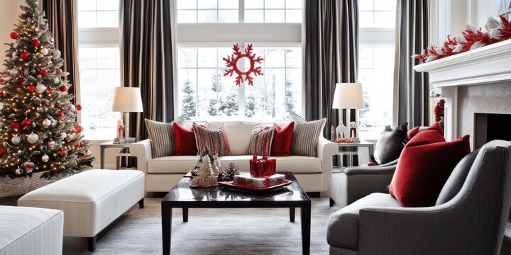 Stylish home decor with holiday-themed accents, sleek and modern layout