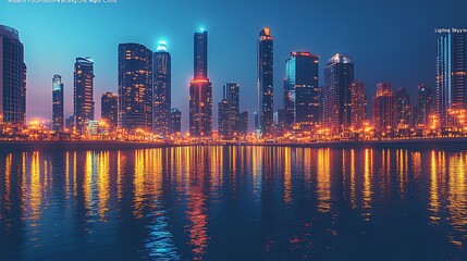 Fototapeta premium Majestic urban skyscraper reflection beautiful twilight colors on calm water picture