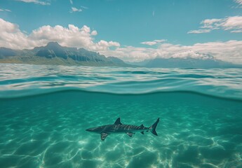 Fototapeta premium Serene Underwater Scene of a Shark Gliding Through Crystal Clear Waters Against a Beautiful Mountainous Background Under Bright Blue Sky