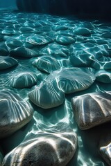 Obraz premium Serene Underwater Scene Featuring Smooth Stones and Gentle Light Reflections Beneath Clear Water Surface in an Aquatic Environment