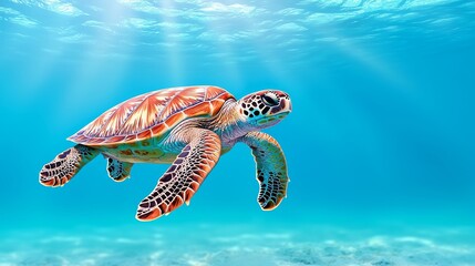 Fototapeta premium In the clear waters, a sea turtle swims gracefully near the ocean floor.