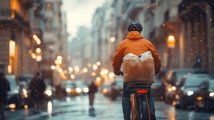 Cyclist riding through a snowy city street at night.