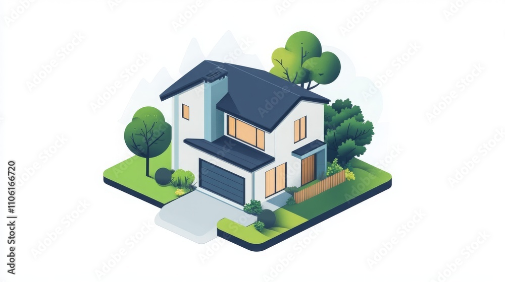 Poster This illustration features a modern two-story house surrounded by lush greenery and a well-maintained yard. Large windows enhance natural light, creating a welcoming atmosphere.