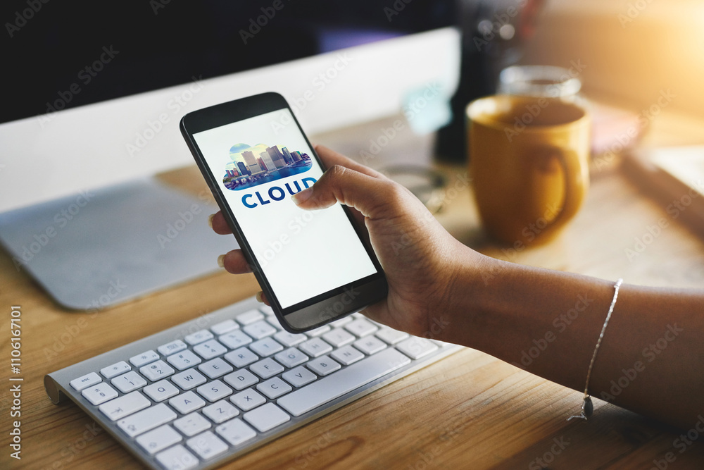 Poster business, hands and person with smartphone, screen and typing with cloud backup. closeup, employee a