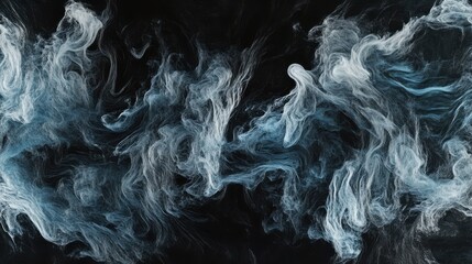 Obraz premium Delicate tendrils of blue and white smoke billow and twist against a black backdrop. The swirling patterns evoke a sense of movement and tranquility, captivating the viewer with its ethereal beauty.