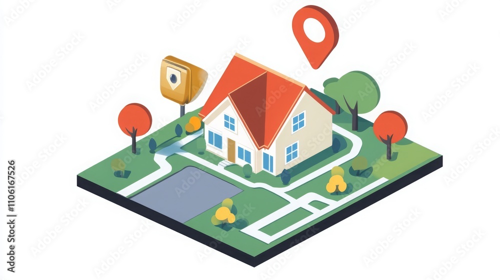 Aufkleber This visual highlights the integration of ai technology in real estate, showcasing a modern home design with features like smart security and location-based services.