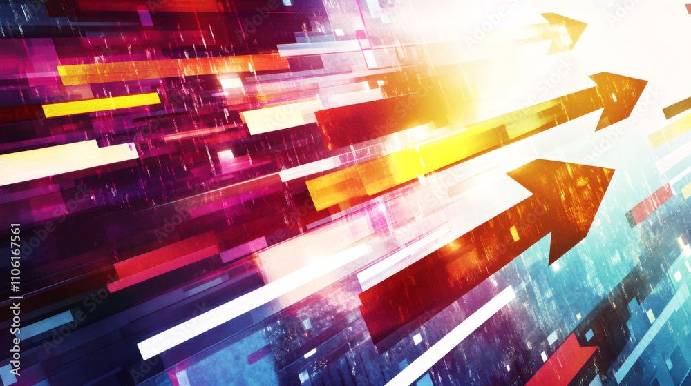 Poster Three vibrant arrows advance through an abstract digital environment surrounded by colorful rectangles
