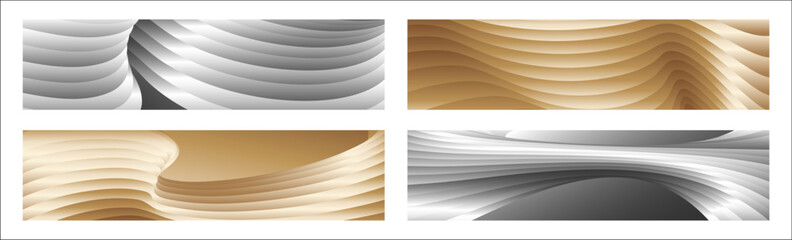 Wavy silver and gold parallel gradient lines, ribbons, silk. Set of 4 backgrounds. Black and white with shades of gray or golden silk. Banner, poster. eps vector