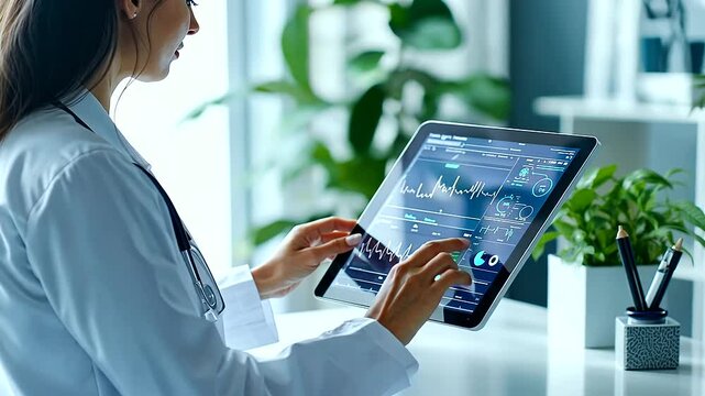 Female Healthcare Professional Examining Medical Data on Tablet