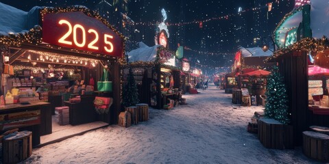 Wintery New Year's Eve market with glowing stalls, signs, and festive energy