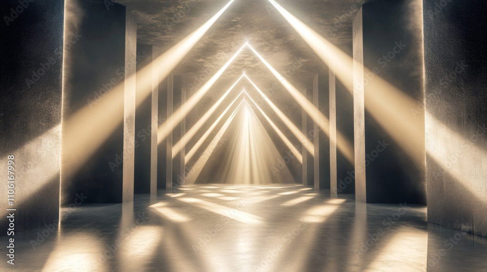 Aufkleber volumetric light rays shining through concrete pillars in an empty dark room with concrete floor