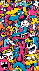 Colorful monster mash-up urban street art graphic design vibrant environment top-down view playful imagination