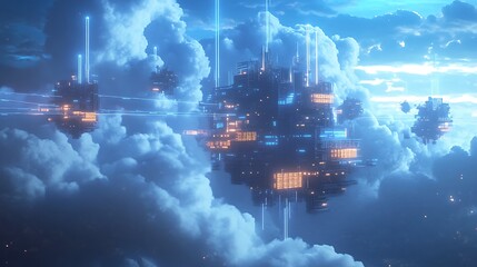 A futuristic cityscape floating among clouds, illuminated by neon lights and advanced technology.