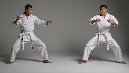 Martial artist poised for combat showcases impressive strike poses Action Dramatic