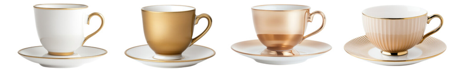 Classic porcelain gold tea cup and saucer set isolated Png, transparent without background.
