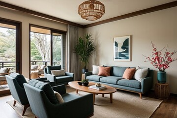 Fototapeta premium Japandi Modern Living Room Design with Comfortable Seating and Tranquil Decor
