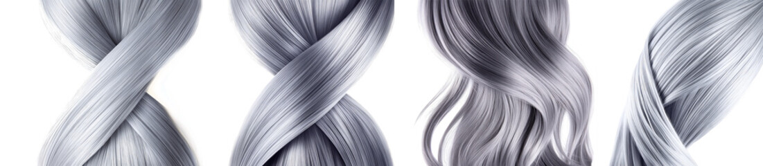 Naklejka premium Lock of female silver grey hair, hair sample set isolated Png, transparent without background.