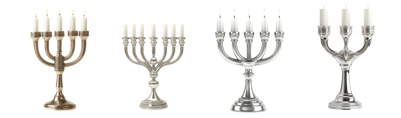 Vintage traditional silver menorah with candles set isolated Png, transparent without background.