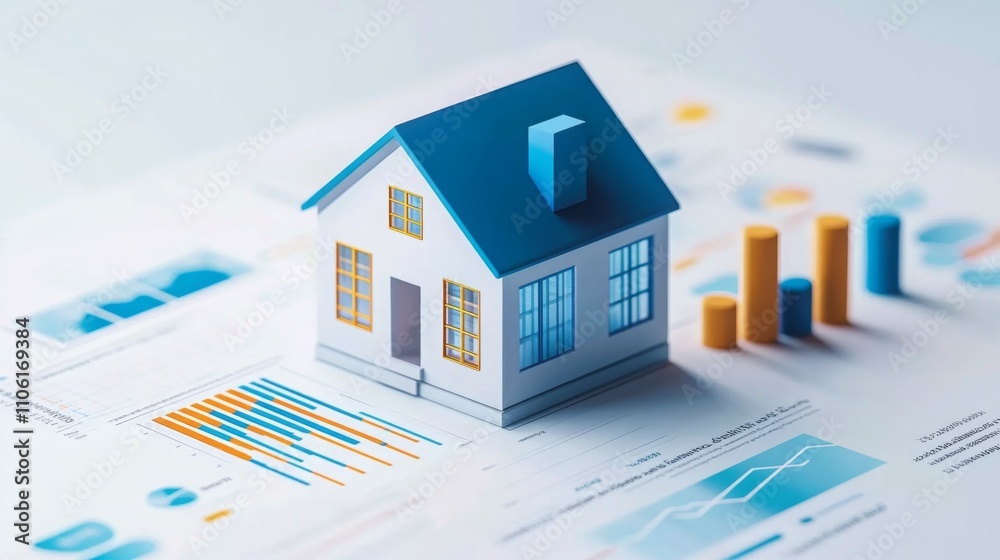Poster A miniature house model sits on a desk surrounded by colorful graphs and data visualizations. This setup highlights the intersection of real estate and data analysis, showcasing market trends.