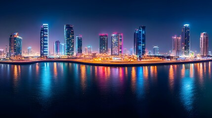 Fototapeta premium Nighttime Cityscape Illuminates Waterfront Skyline