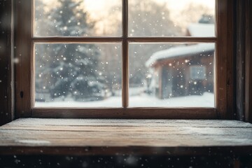 Snow Falling Outside a Rustic Wooden Window