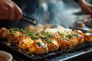 Fototapeta premium Takoyaki: Traditional Japanese Octopus Balls, Osaka Street Food Delicacy