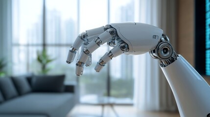 A robotic hand reaches out in a contemporary living space, showcasing the intersection of artificial intelligence and real estate innovation. The room features large windows and minimalistic decor.