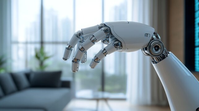 A robotic hand reaches out in a contemporary living space, showcasing the intersection of artificial intelligence and real estate innovation. The room features large windows and minimalistic decor.