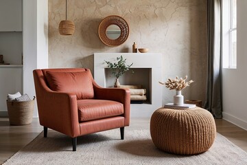 Terra Cotta Accent Armchair in Stylish Minimalist Living Room with Stucco Walls and Cozy Decor Ideas