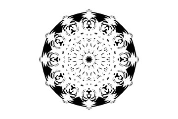 Black and White Mandala Art with Concentric Circles and Unique Symbols
