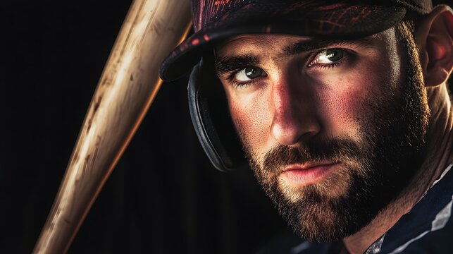 Focused male baseball player with intense gaze holding a bat.