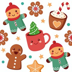 Fototapeta premium wallpaper with gingerbread Christmas men, a sweet stick and a cup of drink on a white background