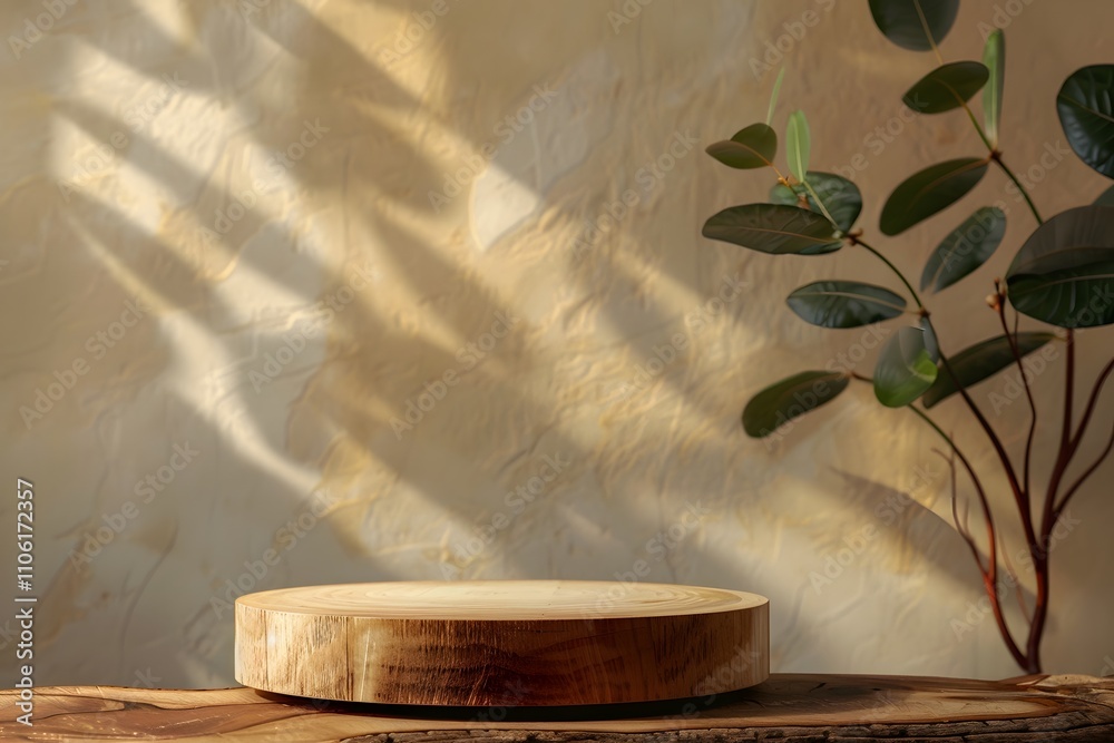 Aufkleber elegant wooden platform with a beautiful plant and soft shadows on a textured wall, perfect for show